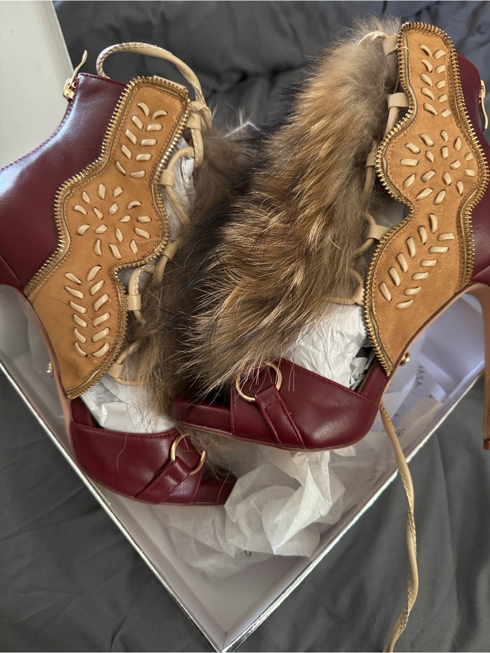 AKIRA Red and Tan Fur-Trim Lace-Up Stiletto Booties - Picture 7 of 16